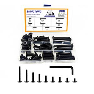 61Pcs M8 Flat Head Hex Socket Cap Screws Assortment Kit, M8x 10mm/12mm/20mm/25mm/30mm/35mm/40mm/50mm/60mm Socket Cap Bolts,304 Stainless Steel 18-8, Full Thread, Black Oxide with Hex Spanner