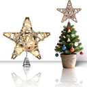 LAWOHO Christmas Tree Topper Retro Woven Star with Lights, Farmhouse Christmas Decor, Mini Rustic 6 Inch Star with 6H Timer, Light Up Christmas Tree Decorations, for Xmas Tree, Holiday, Party