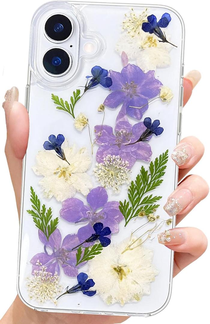 Abbery for iPhone 16 Plus Case Floral Cute Clear with Pressed Dried White Blue Purple Flowers Design Aesthetic Soft Slim Shockproof Protective Girly Women Girls Phone Cover