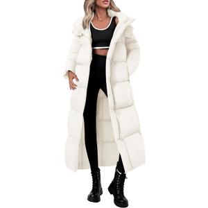 PRETTYGARDEN Women's Winter Long Puffer Coats Hooded Zip Up Casual Thickened Down Jackets Trendy Warm Clothes Outerwear (Large, Beige)