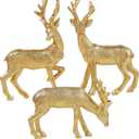 Lulu Home 3 PCS Christmas Tabletop Decorations, Resin Golden Reindeer Family Figurines with Diverse Postures, Xmas Holiday Winter Centerpieces Ornaments for Mantel Shelf Sill Decor (Peer(Textured))