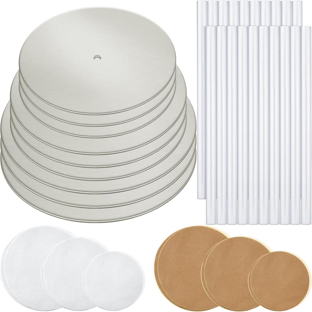 Patelai 89 Pcs Cake Tiered Stacking Kit 8,6,4 Inch Silver Round Cake Boards with Parchment Paper Round and Plastic Dowel Rods for Stacking Support Decorating Supplies