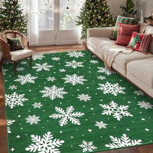 GarveeHome Christmas Washable Area Rugs 4x6 Rug for Living Room Snowflake Entryway Rug Non-Slip Soft Bedroom Rugs Low Pile No-Shedding Indoor Decorative Rug for Kitchen Entrance Bedroom, Green
