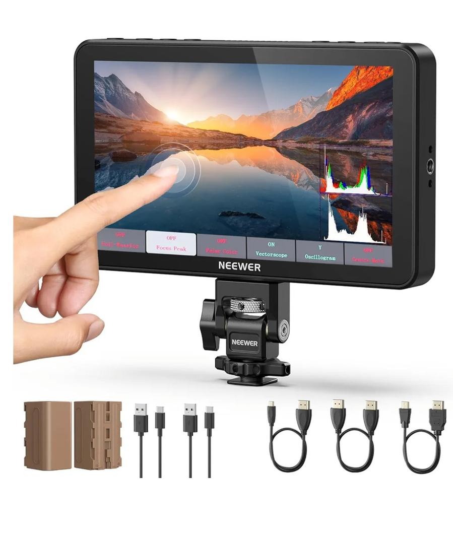 NEEWER F700 7" Camera Field Monitor, 2000nit HD 1920x1080 IPS Touch Screen with 3D LUT, 4K HDMI Loop in/Out with Peak Focus DSLR Video Assist HDR Waveform, Cold Shoe Mount, 2 NP-F750 Batteries & Cable