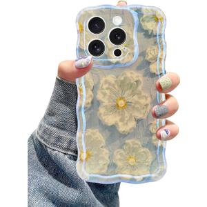 Jusy Compatible with iPhone 13 Pro, Colorful Retro Oil Painting Printed Flower Laser Glossy Pattern Cute Curly Wave Phone Case Soft TPU Cover for Girly Women -Light Blue