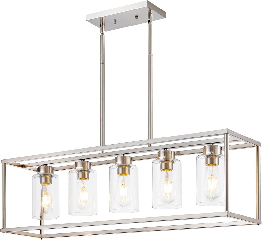 5 Light Dining Room Light Fixture Rectangular Modern Farmhouse Chandelier Brushed Nickel Linear Hanging Pendant Lighting Rectangle for Kitchen Living Room Adjustable Height with Glass Shade