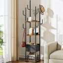 Coat Rack Freestanding, Coat Rack with 3 Shelves, 8 Hooks and 1 Fabric Pouch, Square Coat Hanger Stand, Metal Clothes Tree for Living Room, Bedroom, Entryway, Rustic Brown and Black TYM03BF