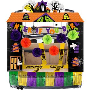 Haunted House Trunk or Treat Decorating Kit Halloween Trunk or Treat Car Decorating Kit with Banner Paper Fans Tassel Caution Tape Halloween Scary Cars Decoration Kit for Car SUV Truck
