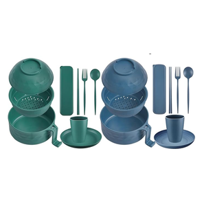 Romooa 12 Pcs Microwave Ramen Cooker Set Microwavable Wheat Straw Dinnerware Sets with 40oz Ramen Bowl, Plates, Cups and Cutlery Box, Dishwasher Safe Camping College Dorm (Blue,Green)