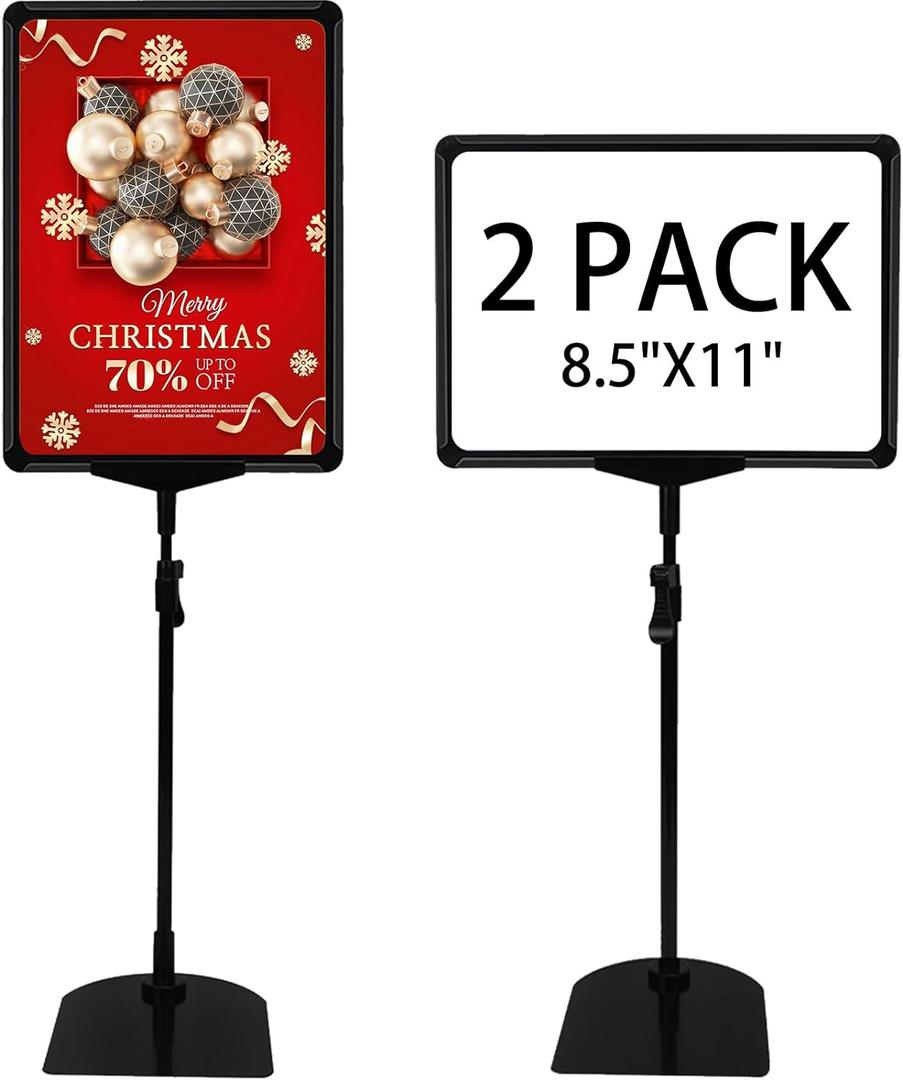 Sign Holder, Sign Stand with Adjustable Height Snap Open, Reusable Sign Holder 8.5 x 11 Inch, Sign Stands for Display Advertising Business Menu Flyer Signage, Vertical and Horizontal View Sign Holder Stand (Black, 2 Pack) (8.5"x11"-2Pcs)