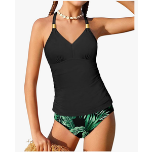 NECIOUS Girls Swimsuit 2 Piece Bathing Suit Halterneck Ruched Tankini Sets Printed Girls' Swimwear for 15-16 Years