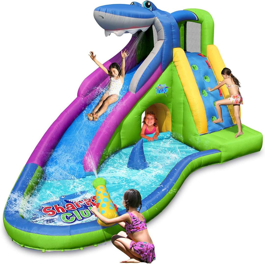 ACTION AIR Inflatable Waterslide-NO Blower Shark Bounce House for Kids, Wet and Dry Water Slide, 580W/0.8hp Air Blower Needed to Operate, Water Gun & Splash Pool Without Blower, 15'L11'W8'H
