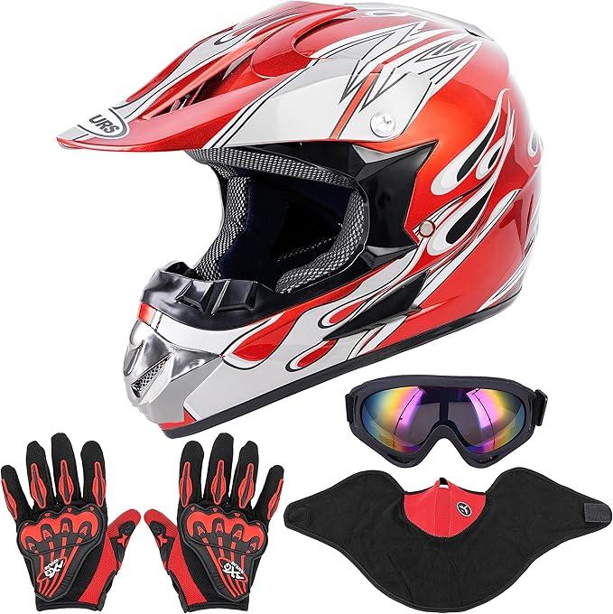 OUMURS Adult Dirt Bike Helmet with Goggles Gloves & Mask Adjustable Sun Visor Motorcycle Adults ATV Helmet OffRoad Motocross Downhill Moped MX for UnisexAdultRed Flame, M