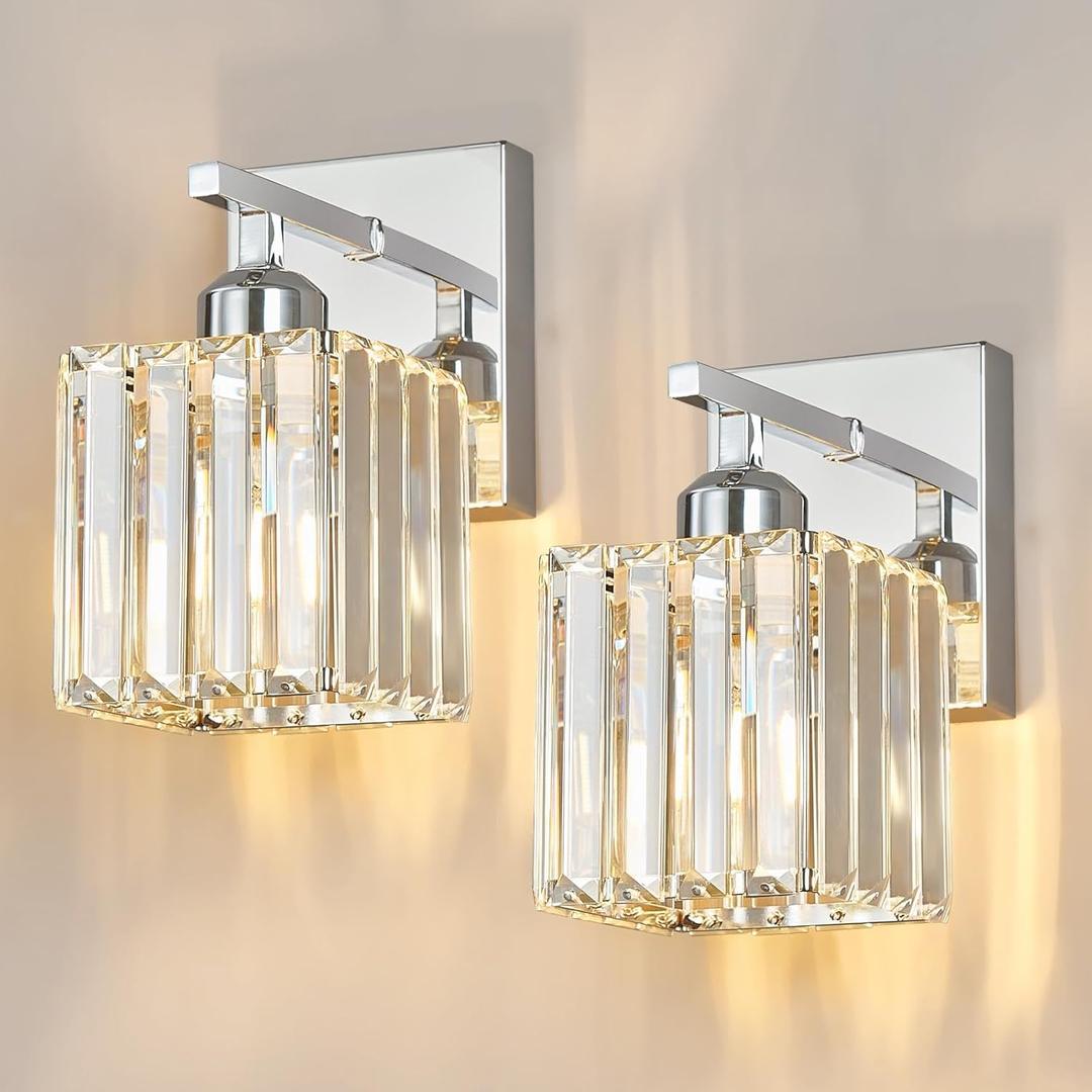 Modern Wall Sconce Set of Two Indoor Wall Lamp Chrome Wall Sconces Crystal Wall Light Bathroom Vanity Light Fixtures Wall Mounted Room Sconce Wall Lighting (2-Pack)