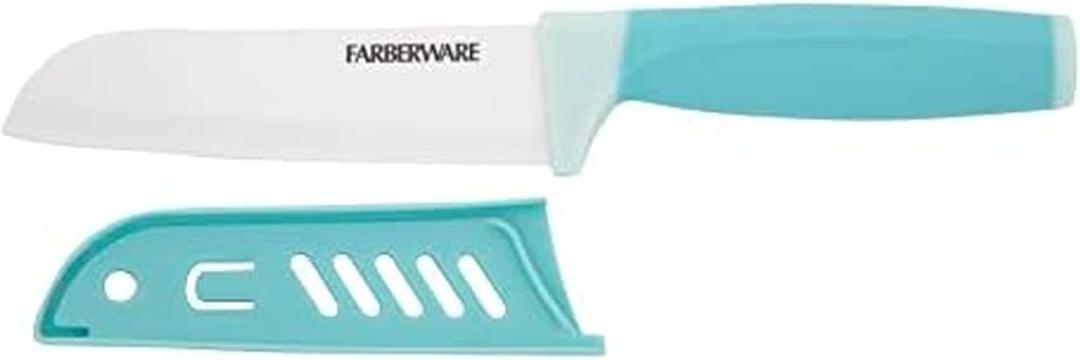 Farberware Ceramic 5- Inch Santoku Knife with Custom-Fit Blade Cover, Razor-Sharp Kitchen Knife with Ergonomic, Soft-Grip Handle, Dishwasher-Safe, 5-inch, Aqua