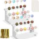 2Pcs Wood Cake Pop Stand, White Lollipop Holder 3 Tier with Twist Ties Lollipop Sticks, 17 Holes Sucker Display Riser for Dessert Table of Wedding Birthday Party