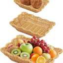 Woven Wicker Storage Baskets Set of 3, Scalloped Poly Rattan Serving Trays for Bread Fruits Vegetables, Kitchen Table Restaurant Decor Organizer (Large 11.5x9x2, Medium 10x8x2, Small 9x6.5x2)