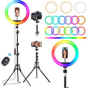 STALLY 10.2" Ring Light with Stand, 75" Tall Ring Light with Phone Holder and Wireless Remote, 12 Dimming Levels, 32 Color Modes Selfie Light Tripod for iPhone, Live Stream, Makeup, YouTube, TikTok