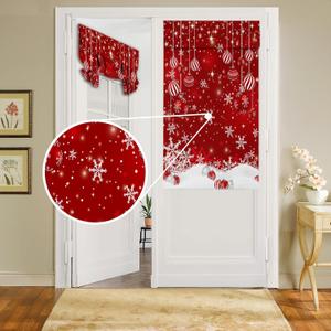 Merry Christmas French Door Curtains for Windows, Xmas Ball Ornaments Sparkle Front Door Window Curtains for Glass- Red Privacy Tie Up Blinds Thermal Insulated Shades 26 x 42 Inch