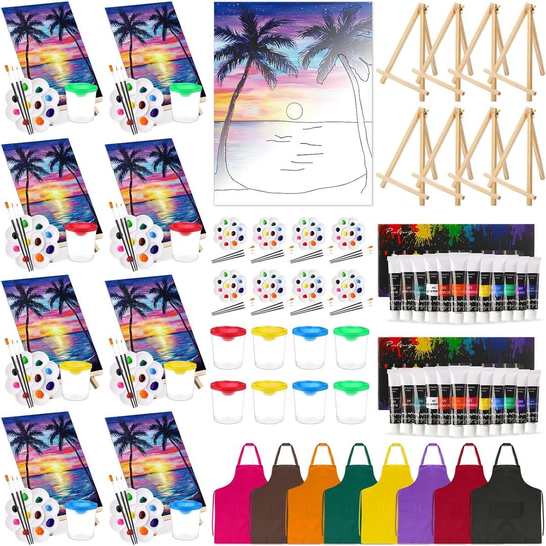 Cholemy 8 Set Paint and Sip Kit for Adults 8'' x 10'' Pre Drawn Canvas with Wooden Easels Acrylic Paint Brushes Wash Cup Palette Apron for Painting DIY Date Night Party Supplies(Sunset)