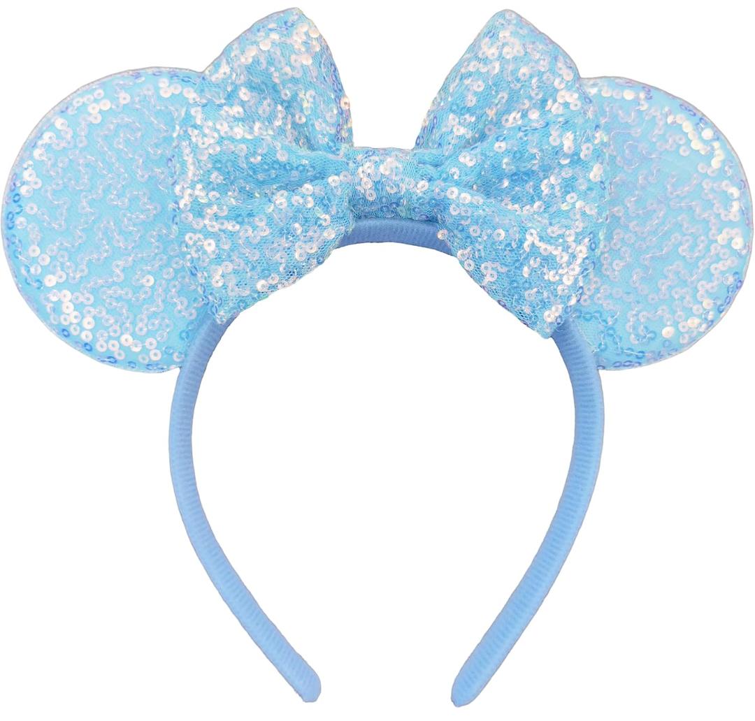 XINXIYAN Mouse Ears Headbands for Women Glitter Sequin Mouse Ears Bow Headband Birthday Party Princess Decoration (Blue, One Size)