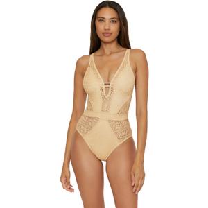 BECCA Color Play One Piece Swimsuit, Plunge Neck, Crochet, Bathing Suits for Women (Medium, Gold)