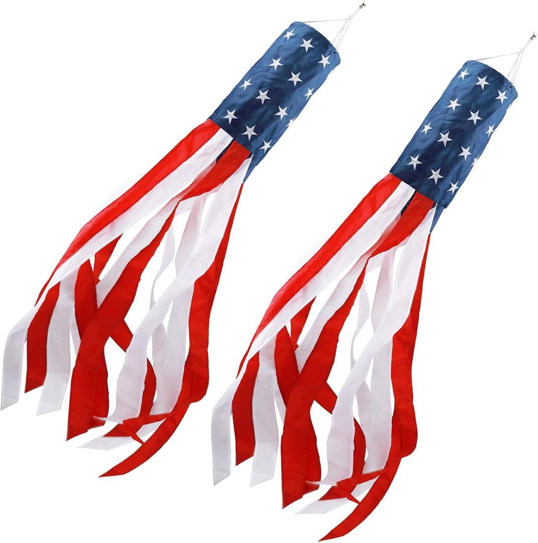 HOOSUN 4th of July Decorations,40 Inch American Flag Windsock,Wind Socks for Outside Heavy Duty,Patriotic Memorial Day Decor,USA Windsock With Embroidered Stars,Red White And Blue Wind Sock,2 Pack