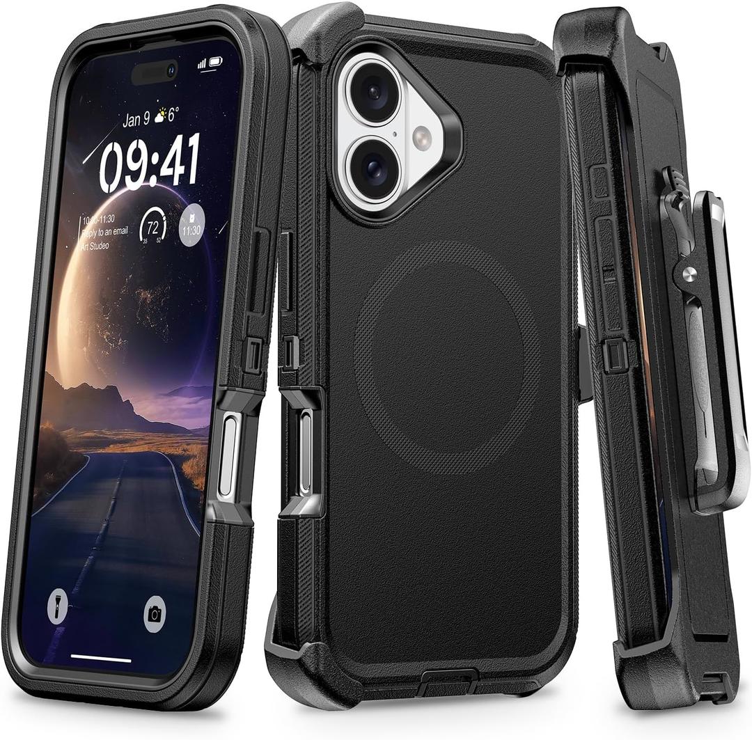 For iPhone 16 Plus Case with Belt Clip Holster, Anti-Shock, Anti-Slip, Compatible with MagSafe, 3-Layer Drop Protection, Heavy Duty Magnetic Phone Case Cover for 16 Plus, 6.7" Black