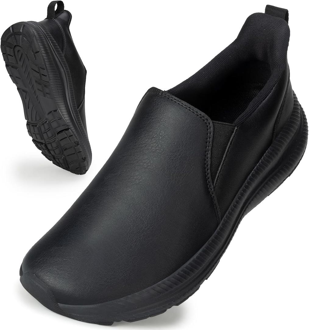 ZOVE Wide Toe Box Shoes Women Wide Width Waterproof Leather Hands Free Nursing Sneakers Ultra Light Extra Wide Walking Sneakers Non-Slip Chef Diabetes Nurse Work Shoes (8-8.5 Wide, Full Black)