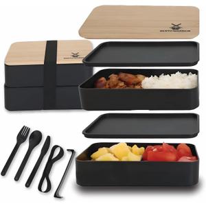 Bento Box Adult Lunch Box Set with Compartments – Stackable Dual-Layer Lunch Containers for Men & Women, Lightweight & Durable, Black Base & Wood Grain Lid, for Work, School, Travel, Meal & Prep