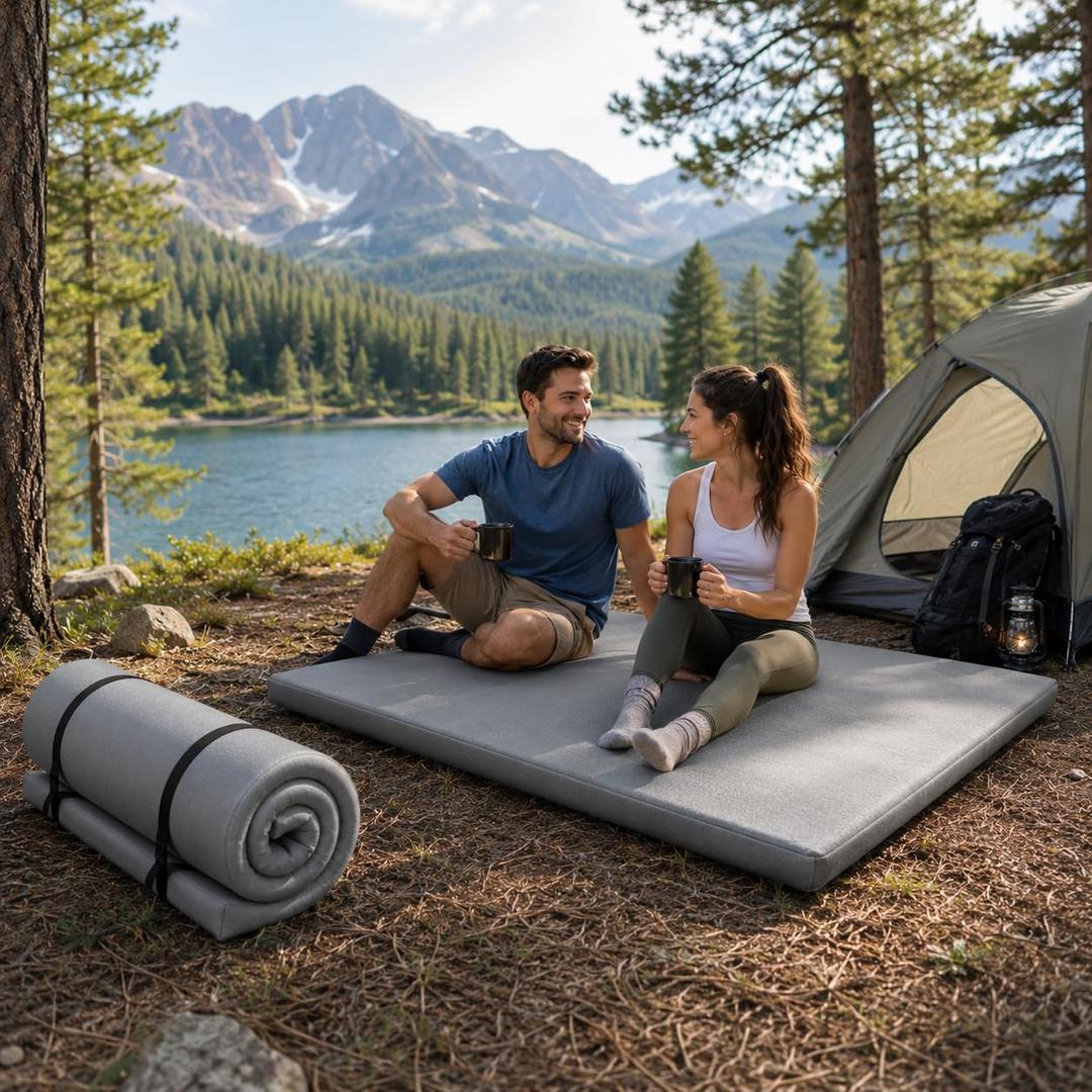 Memory Foam Camping Mattress, 63" x 26" x 3" Portable Roll Up Sleeping Mat for Adults, CertiPUR-US Certified Floor Mattress for Camping, RV Bunk, Guest Bed
