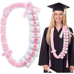 Spakon Graduation Money Lei with Cash Holder, 48 Inch Class of 2026 Graduation Lei with Honor Cord 2026 Grad Braided Ribbon Necklace for DIY Gift Women Men College Party Decorations(Pink,White)