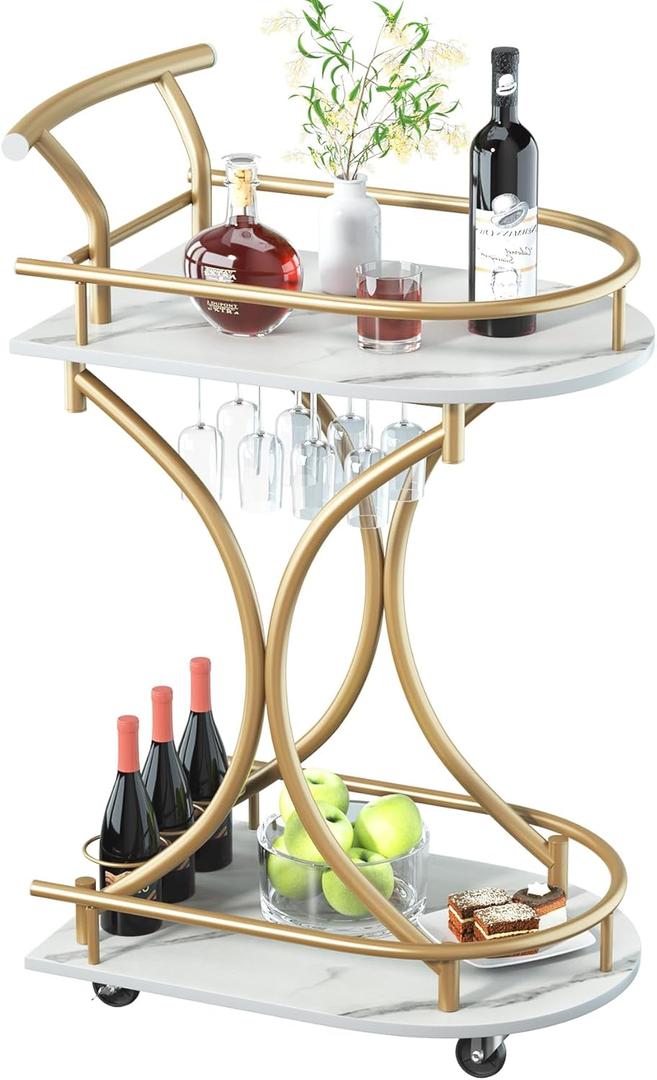 Bar Cart with Wheels Handle Rolling Home Bar Serving Carts 2 Tier Curved Anti-Collision Storage Small Trolley with Wine Rack and Glass Holder for Kitchen Dining Room Living Room Gold