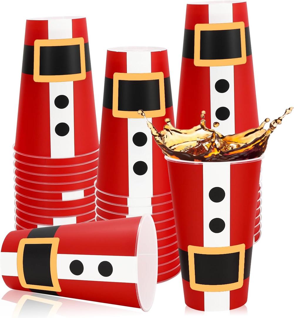 50Pcs Christmas Santa Plastic Cups, 16 oz Santa Belt Design Red Black White Disposable Drinking Cup Xmas Holiday Party Drinkware Table Decor for Xmas Winter Party Beverage Drink Supplies