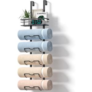 Xstydes 6-Tier Over The Door Towel Rack, Towel Racks for Bathroom, Metal Towel Holder with Storage Basket, Towel Storage for Small Bathroom, Towel Rack for Rolled Towels, Black, TM-6B