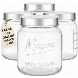 Kitchentoolz Half Gallon Glass Mason Jars with Extra Wide Mouth & Metal Lids - Airtight Food Storage & Canning Jars with Measurement Markings - 64 oz (4pk)