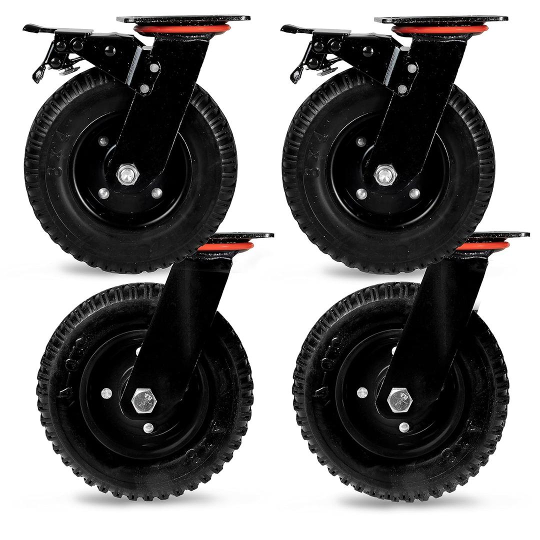 8 Inch Heavy Duty Swivel Knobby Casters Set of 4, 7-7/8" Diameter, Solid PU Knobby Tread Heavy Duty Caster Wheels, Swiveling Bases, Two Casters with Brakes, Two Without, Black & Red
