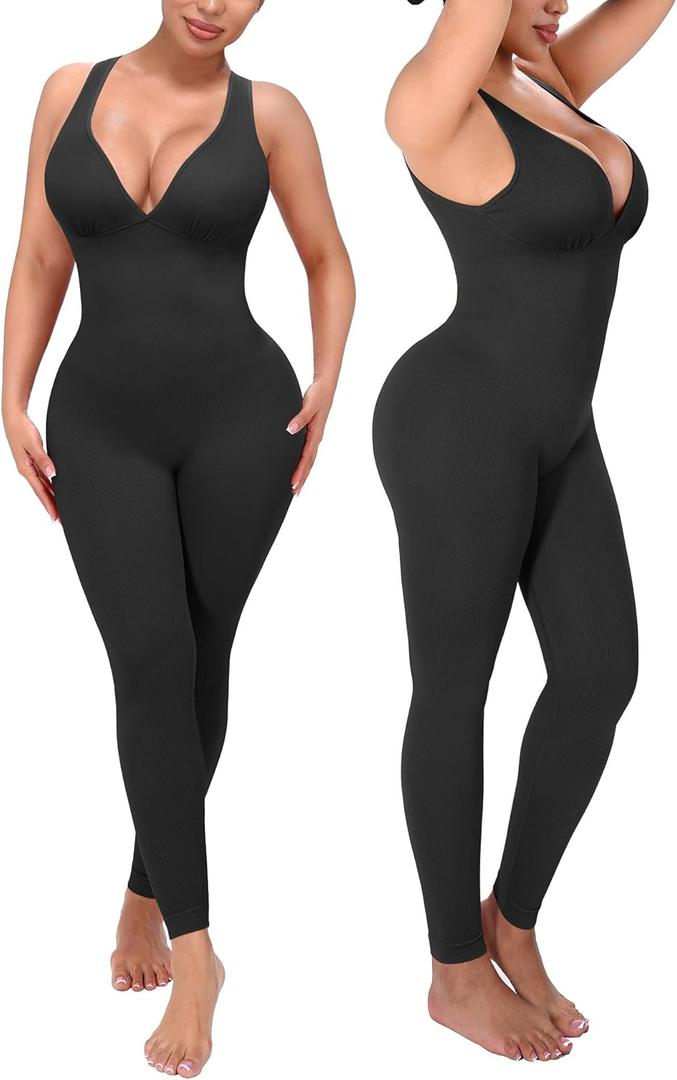 SHAPELLX Tummy Control Workout Jumpsuits for Women One Piece Comfy Yoga Outfits V Neck Sleeveless Bodycon Pants Romper (Black, M)