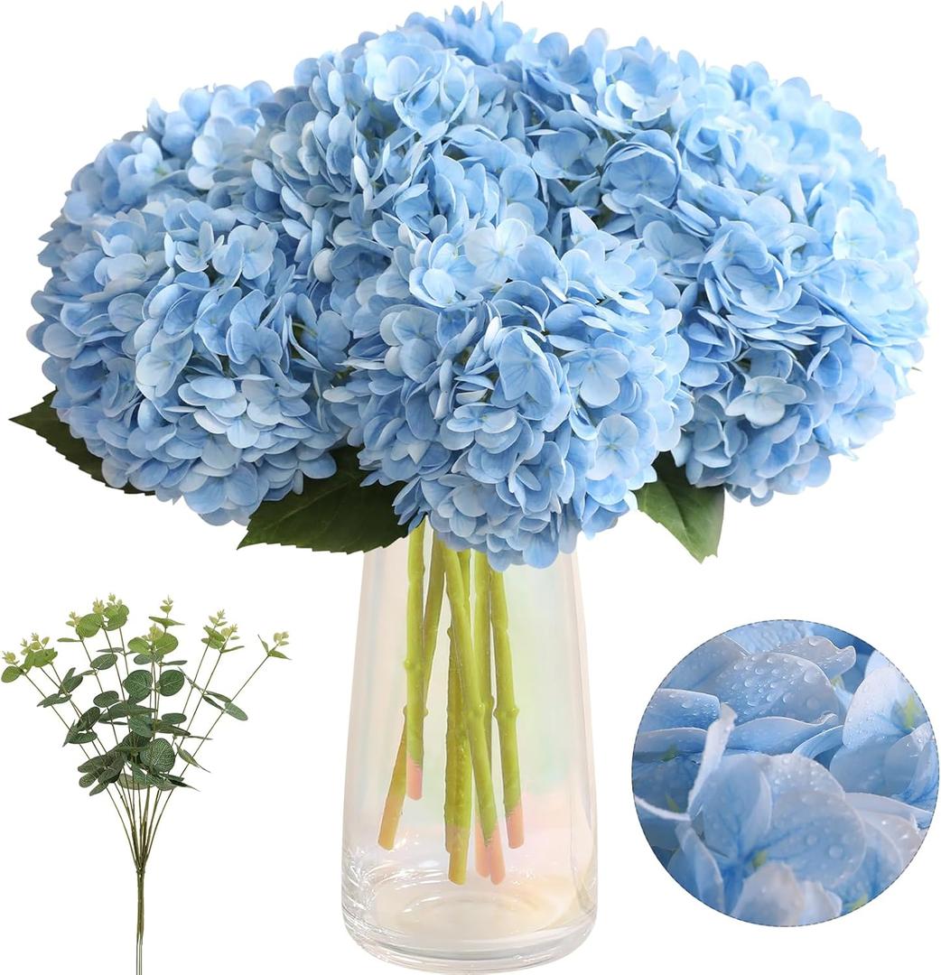Tifuly 4pcs Fake Hydrangea with Vase - Real Touch Faux Hydrangea Flowers and 3pcs Eucalyptus Stems for Wedding Centerpiece Home Party Table Decoration, Blue