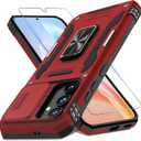 DEERLAMN Case for Samsung Galaxy S24 FE 6.7-Inch with Slide Camera Cover+Screen Protector(1 Pack), Rotated Ring Kickstand Military Grade Shockproof Protective Cover-Red