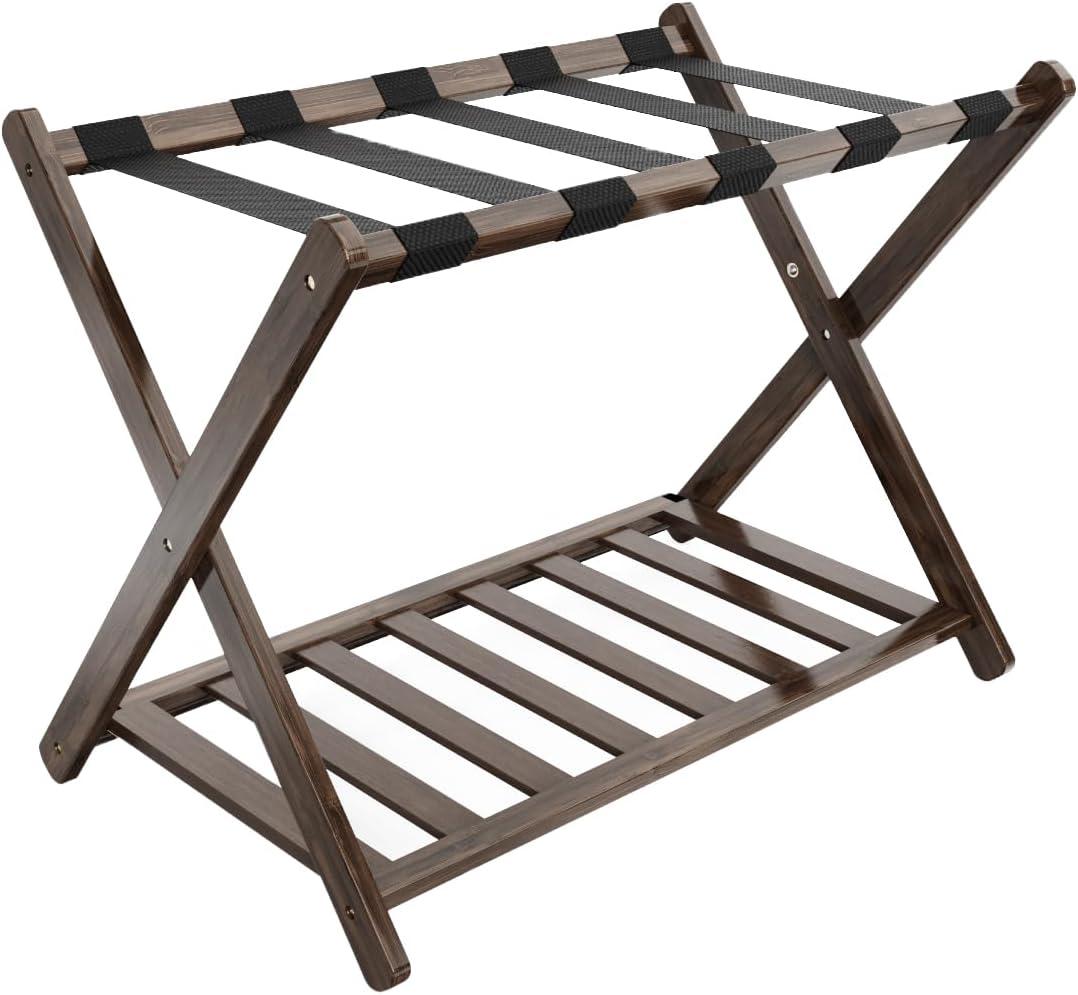 Luggage Rack for Guest Room, Folding Suitcase Stand with Storage Shelf, 5 Nylon Straps, Foldable for Easy Storage, Bamboo Stand Holder Storage Shelf for Bedroom, Living Room, Hotel Essentials,Brown (1 Pack, Walnut)
