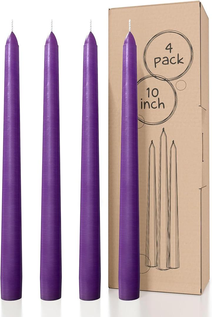 Candwax 10 Inch Taper Candles - Set of 4 Dripless Unscented Purple Candlesticks - Perfect for Dinner and Household Use