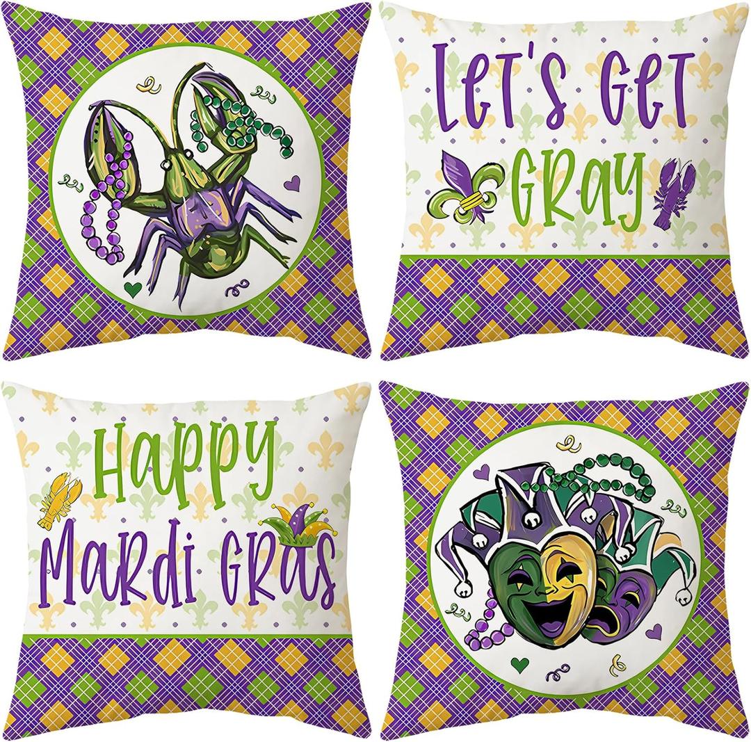 2 x Happy Mardi Gras Throw Pillow Covers 18x18 Set of 4 Fleur De Lis Lattice Beads Masks Lobster Designs Festive Cushion Covers for Home Sofa Couch Party Carnival Cushion Case Decoration