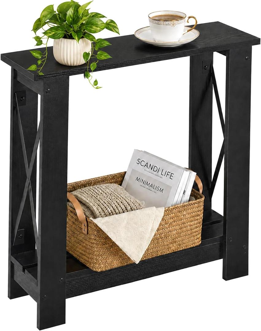 Narrow Side Table, 6.6" Ultra Slim End Table, 2 Tier Storage, Black