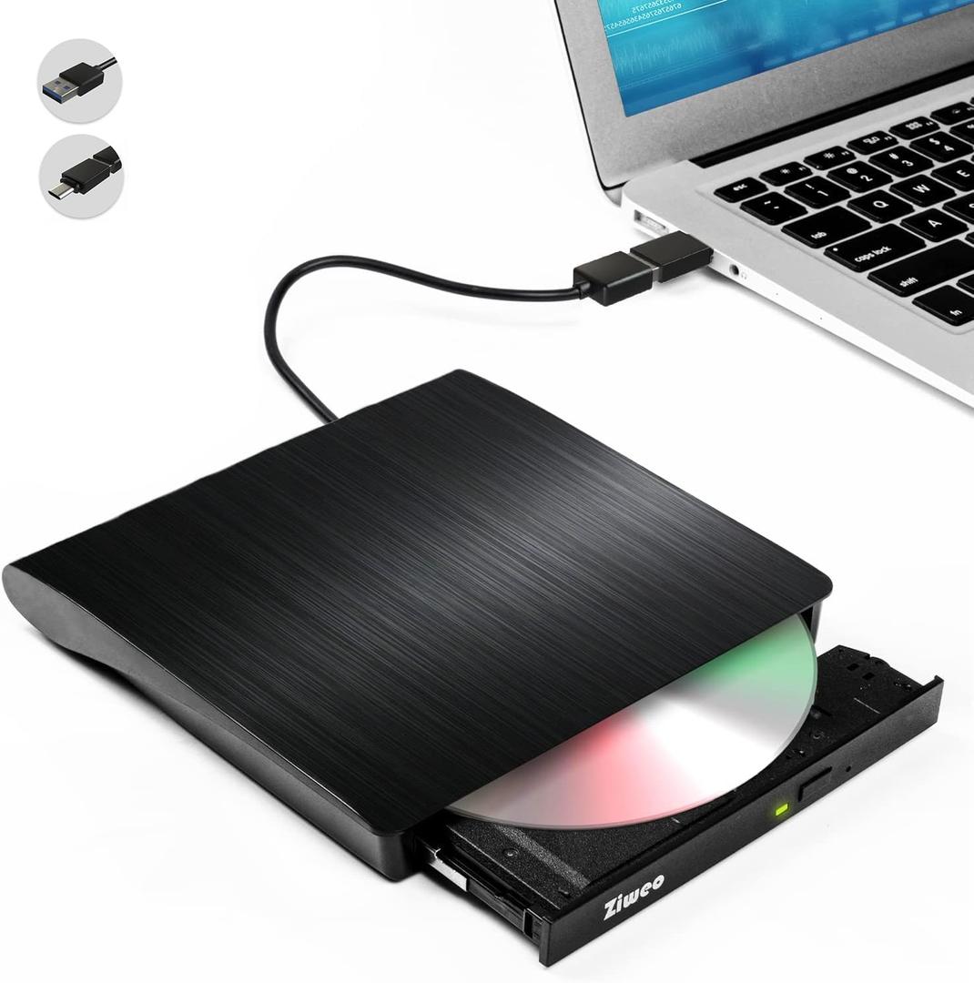 Ziweo External DVD Drive USB 3.0 Type-C CD Burner Portable CD +/-RW Drive DVD Player for ROM Rewriter Burner Compatible with Laptop Desktop PC Windows MacBook Linux Mac OS