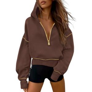PRETTYGARDEN Women's 2026 Fall Hooded Sweatshirts Long Sleeve Half Zip Cropped Hoodies Pullover Winter Fashion Clothes (Brown, L)