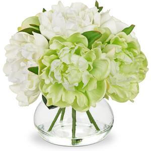 Hollyone White and Green Peonies Artificial Flowers with Vase Faux Flowers Peony Fake Flowers Silk Flower Arrangements in Glass Vase with Faux Water for Bathroom Table Centerpiece Shelf Home Decor