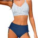 Teen Girls Swimsuits V-Neck Bikini Set Bathing Suits Cross Straps Two Piece Swimwear with Drawstring, Navy Blue, 17-18 Years
