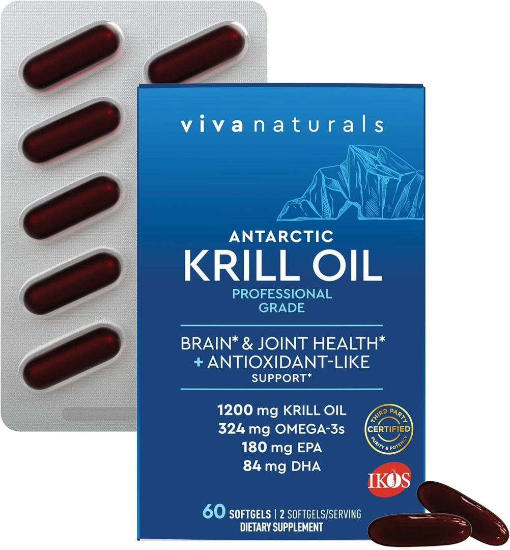 Viva Naturals Antarctic Krill Oil Omega 3 Supplements 1200 mg - DHA EPA Omega-3 & Astaxanthin Concentration for Joint Health, No Fish Burp - 60 Omega 3 Krill Oil Softgels, Exp Date: 07/2026