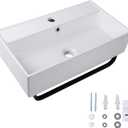 Wall Mount Rectangular Vessel Sink with Towel Rack, QISHKA 21.5"x12.5" Modern Ceramic Bathroom Floating Sink, White Rectangle Vanity Sink with Overflow, Wall Hung Wash Hand Basin